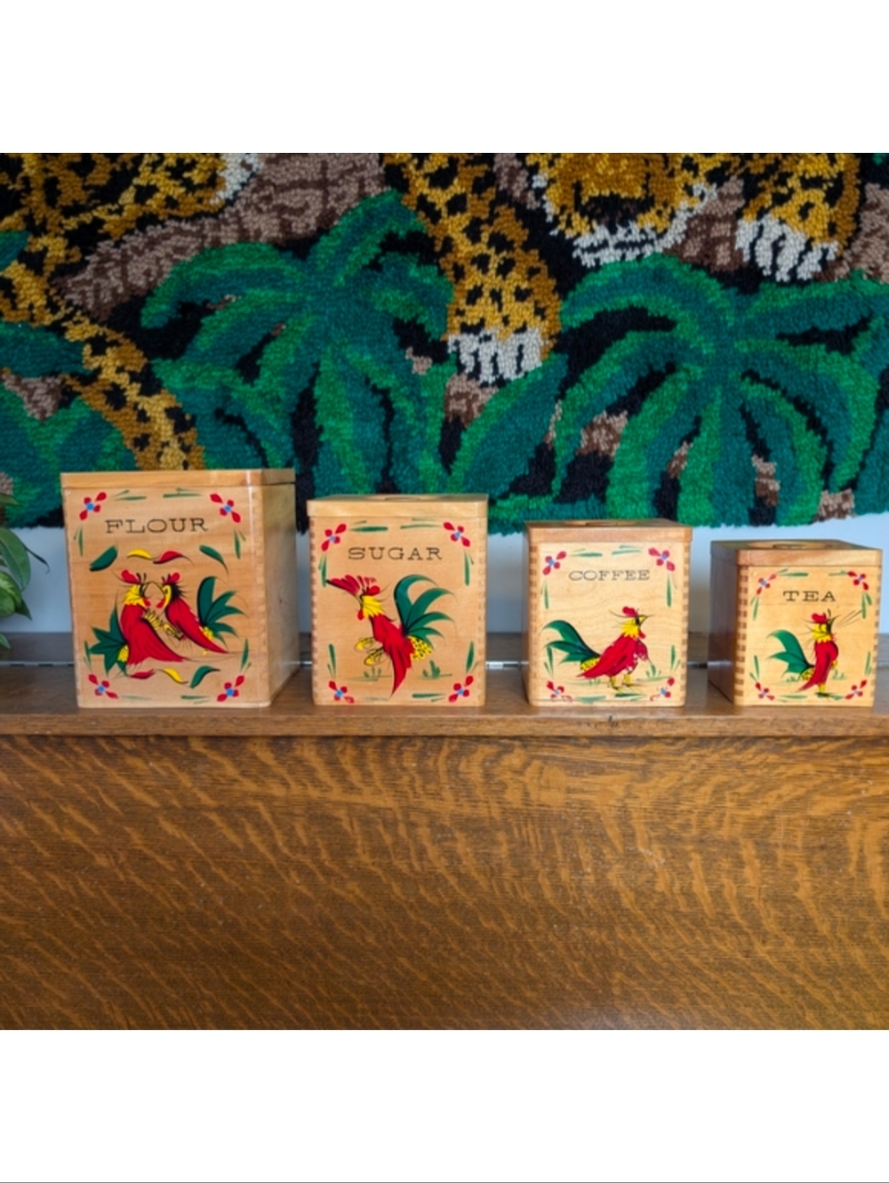 Vintage MCM Wooden Rooster Canister Set Flour Sugar Coffee Tea Hand Painted